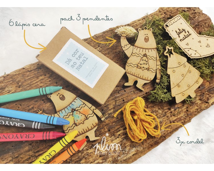 pACK 3 Pendentes de Natal - urso, meia, árvore - 6 lápis de cera + cordel - oferta para as crianças colorirem neste Natal