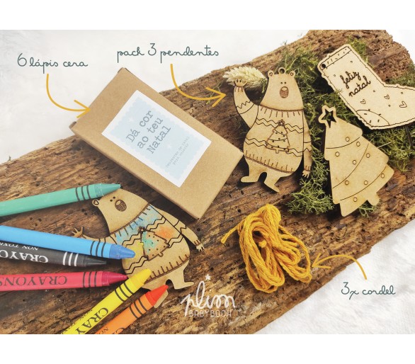 PACK 3 Pendentes de Natal - urso, meia, árvore - 6 lápis de cera + cordel - oferta para as crianças colorirem neste Natal