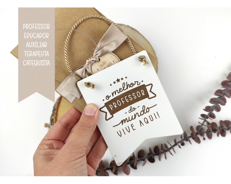 mini placa O MELHOR professor, educador, auxiliar + embalagem com etiqueta de madeira