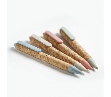 caixa de madeira com caneta de cortiça