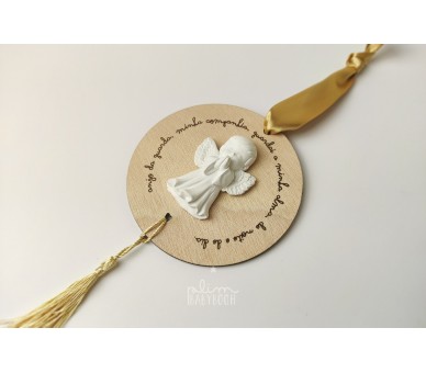 Pendente em madeira Anjo da guarda com anjo de gesso