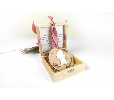 Convite caixa com pedido + mini placa com anjo de gesso - madrinha