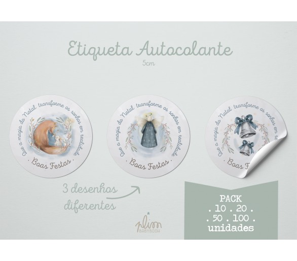 PACK etiquetas autocolante - boas festas - para presentes -10, 20 ,50, 100 - 3 desenhos - sino, raposa, anjo