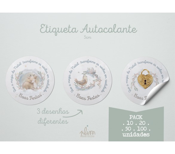 PACK etiquetas autocolante - boas festas - para presentes -10, 20 ,50, 100 - 3 desenhos - RENA, PÁSSAROS, CORAÇÃO