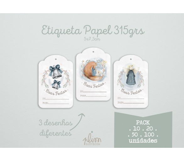 PACK etiquetas - boas festas - papel 315grs -10, 20 ,50, 100 - 3 desenhos - sino, raposa, anjo